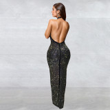 Fashionable Women's Beaded Slim Low Back Sexy Dress