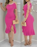 Summer Tight Fitting Ruffle Slit Pearl Decoration Women Dress