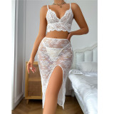 Women's Sexy White See-Through Slit Lace Night Skirt Set Sexy Lingerie