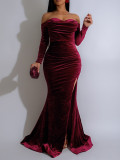 Women's Sexy Solid Color Off Shoulder Long Sleeve Slit Velvet Party Dress