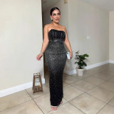 Sexy Beaded Strapless Elastic Back Slit Slim Long Dress