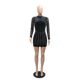 Sexy Low Back Beaded Women's Long-Sleeved Short Bodycon Party Dress