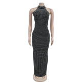 Fashionable Women's Beaded Slim Low Back Sexy Dress