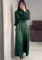 Spring And Autumn Long Sleeve Slim Waist Puff Sleeve Solid Color Satin Dress