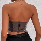 Women solid shiny Pu-Leather Crop Top