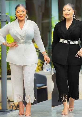 Plus size Women African tassel Blazer and pants two-piece set