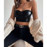 Women solid shiny Pu-Leather Crop Top