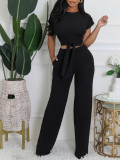 Women Round Neck Short Sleeve Top Casual Pants Two-Piece Set