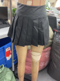 Women Zipper Pu Leather Pleated Skirt