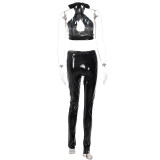 Women sexy hollow backless Pu Leather Top and Pant two-piece set