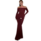 Women Autumn and Winter Off Shoulder Solid Long Sleeve Bodycon Dress
