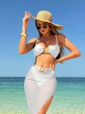 Women sexy solid mesh long skirt swimwear three-piece