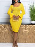 Women Bell Bottom Sleeve Hollow Pattern Knitting Bodycon Dress