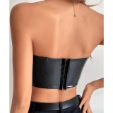 Women solid shiny Pu-Leather Crop Top