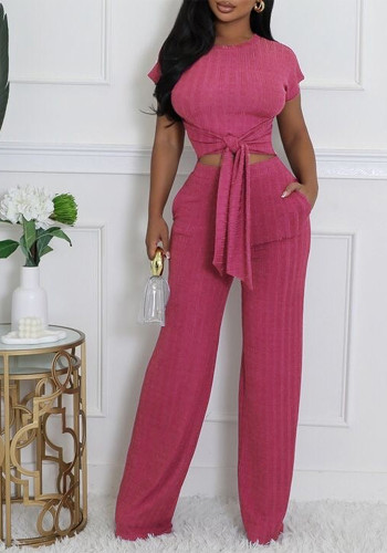 Women Round Neck Short Sleeve Top Casual Pants Two-Piece Set