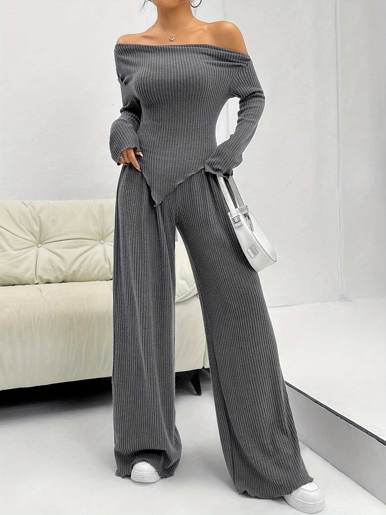 Women Autumn and Winter Casual Off Shoulder Top and wide-leg trousers two-piece set