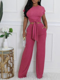 Women Round Neck Short Sleeve Top Casual Pants Two-Piece Set