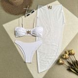 Women sexy solid mesh long skirt swimwear three-piece