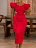 Women Elegant Ruffle Solid Bodycon Dress