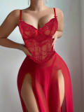 Women red Lace slit Dress sexy lingerie
