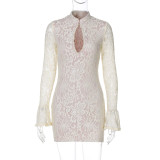 Women Winter Sexy Lace Hollow Bodycon Bell Bottom Sleeve Dress