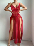 Women red Lace slit Dress sexy lingerie