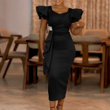 Women Elegant Ruffle Solid Bodycon Dress