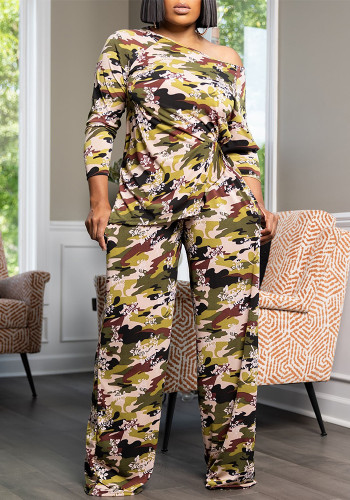 Women Style Sexy One-Shoulder Printed Long Sleeve Top and Pant Two-Piece Set