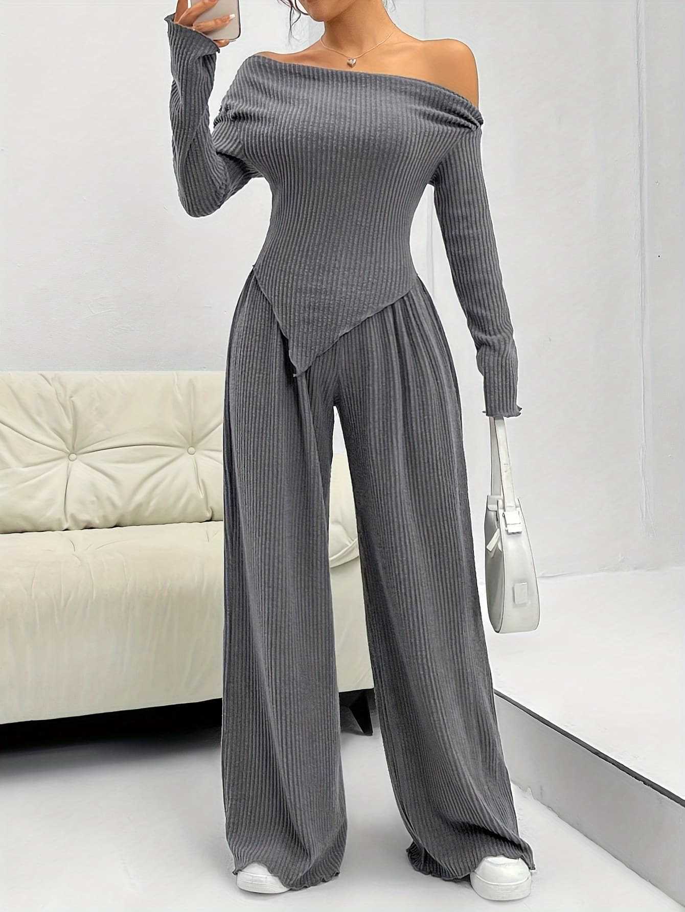 Women Autumn and Winter Casual Off Shoulder Top and wide-leg trousers two-piece set