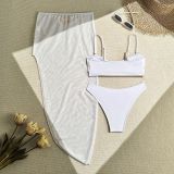 Women sexy solid mesh long skirt swimwear three-piece