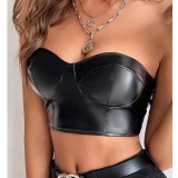 Women solid shiny Pu-Leather Crop Top
