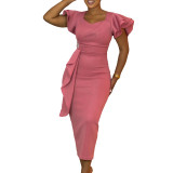 Women Elegant Ruffle Solid Bodycon Dress