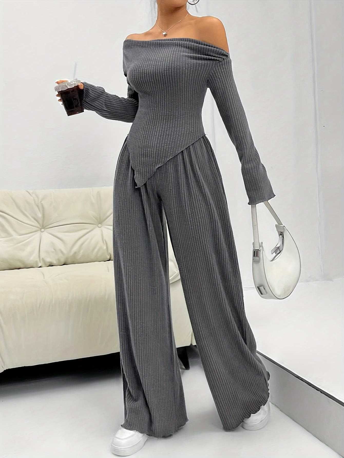 Women Autumn and Winter Casual Off Shoulder Top and wide-leg trousers two-piece set
