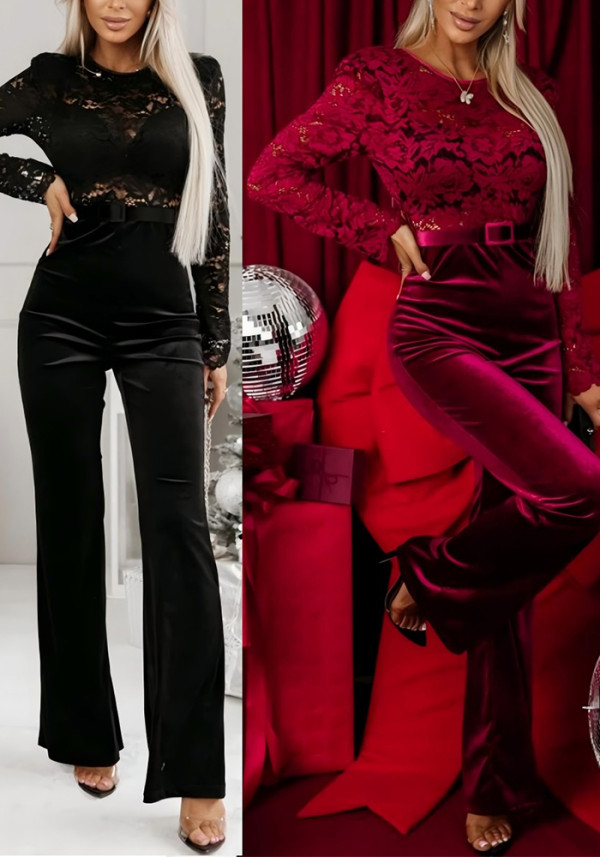 Women Spring Backless lace Patchwork long sleeve Jumpsuit