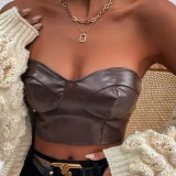 Women solid shiny Pu-Leather Crop Top