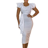 Women Elegant Ruffle Solid Bodycon Dress