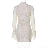Women Winter Sexy Lace Hollow Bodycon Bell Bottom Sleeve Dress