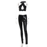 Women sexy hollow backless Pu Leather Top and Pant two-piece set