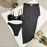 Women sexy solid mesh long skirt swimwear three-piece