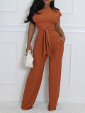 Women Round Neck Short Sleeve Top Casual Pants Two-Piece Set