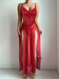 Women red Lace slit Dress sexy lingerie