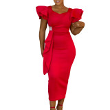 Women Elegant Ruffle Solid Bodycon Dress