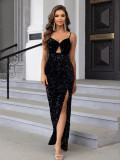 Women sexy v-neck suspender hollow split sequin dress