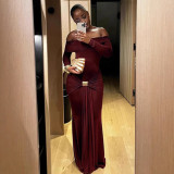 Women Autumn and Winter Off Shoulder Solid Long Sleeve Bodycon Dress