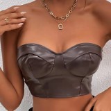 Women solid shiny Pu-Leather Crop Top