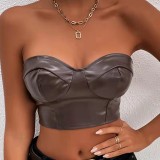 Women solid shiny Pu-Leather Crop Top
