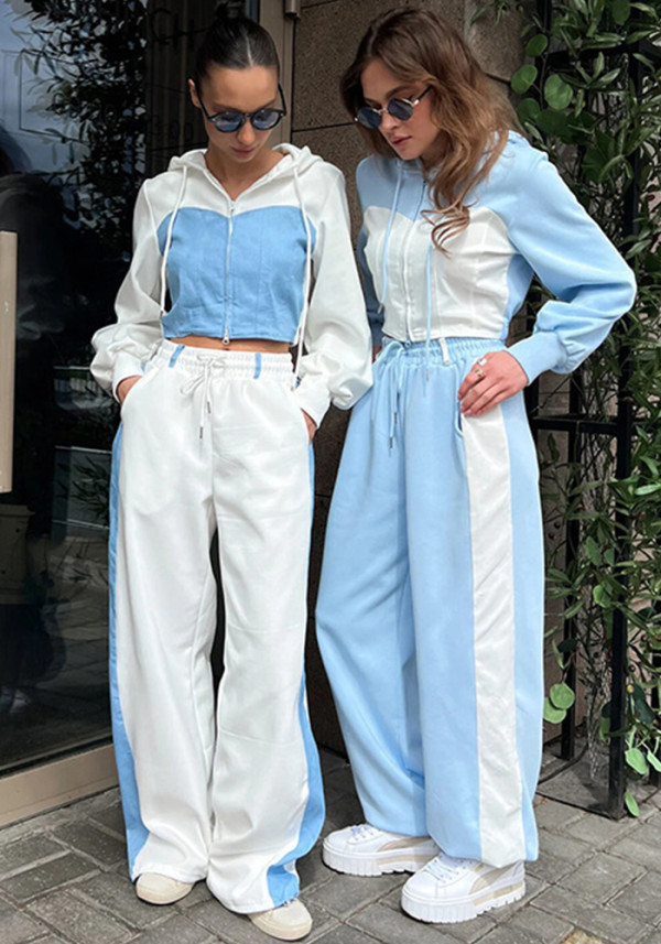 Women Color Block Hooded Contrast Top and Pants Two-piece Set
