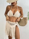 Women Patchwork Lace-Up Tassel Skirt Bikini Two Piece Set