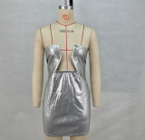 Women's Pu Leather Strapless Sexy Low Back Bodycon Dress