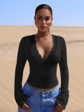 V-Neck Patchwork Lace Sexy Long-Sleeved Slim Top